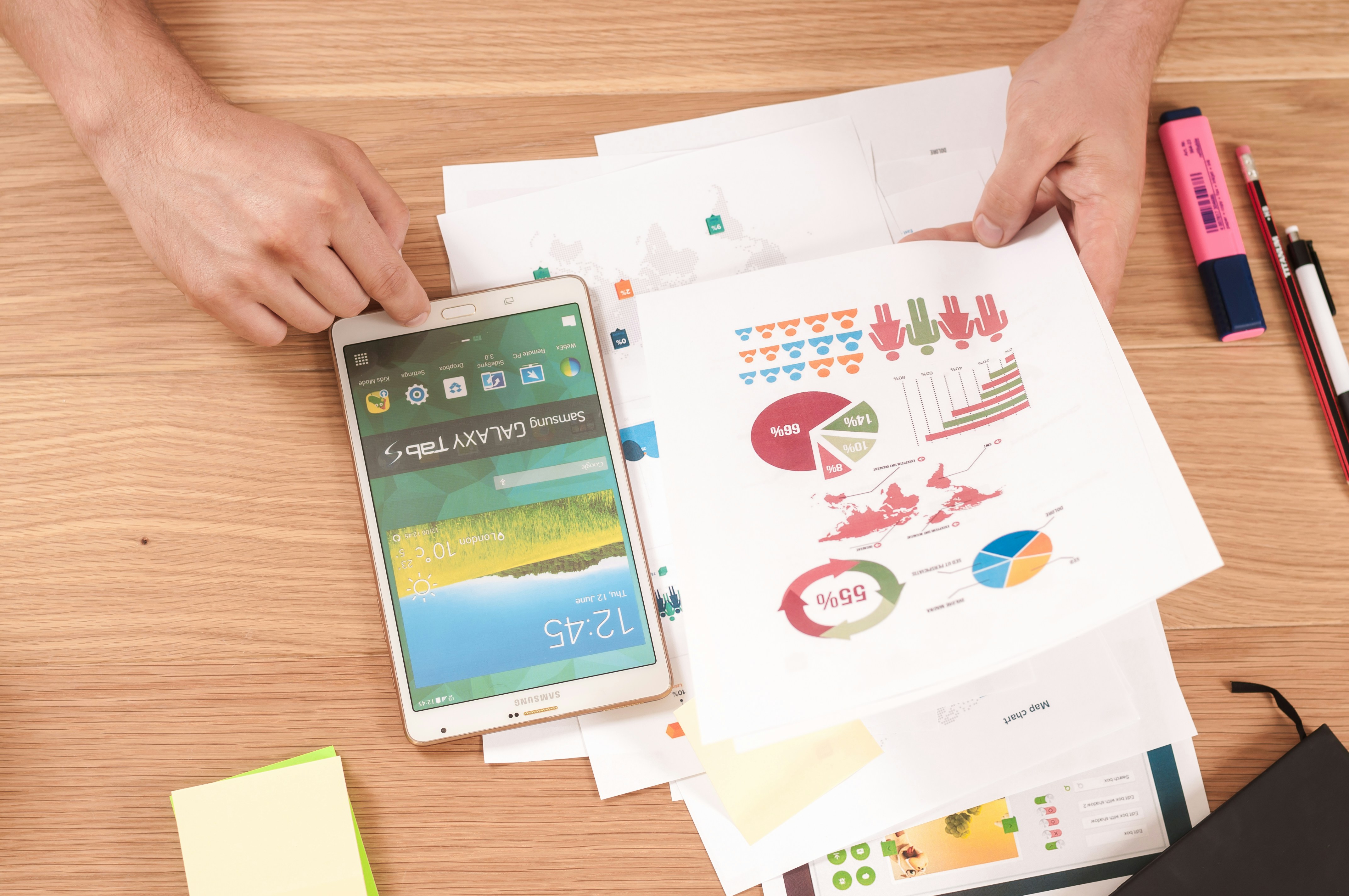 Desk with a smartphone and paper with graphs.